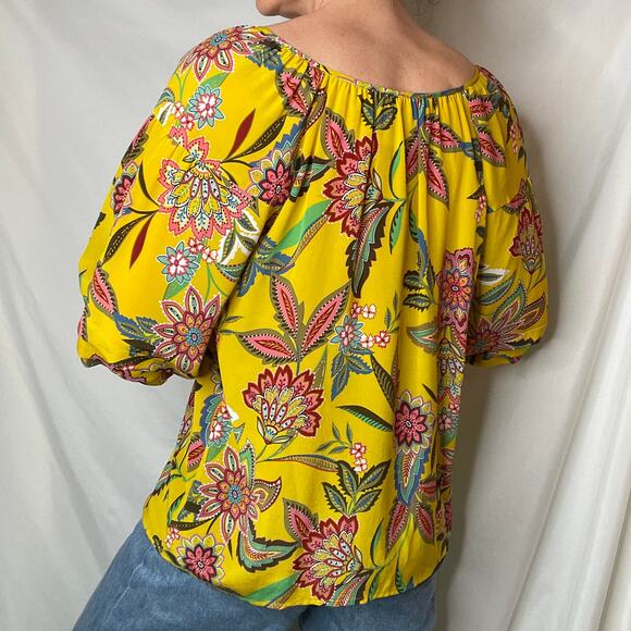 Johnny Was 100% silk Anka floral paisley print peasant top blouse shirt yellow S - Picture 13 of 17